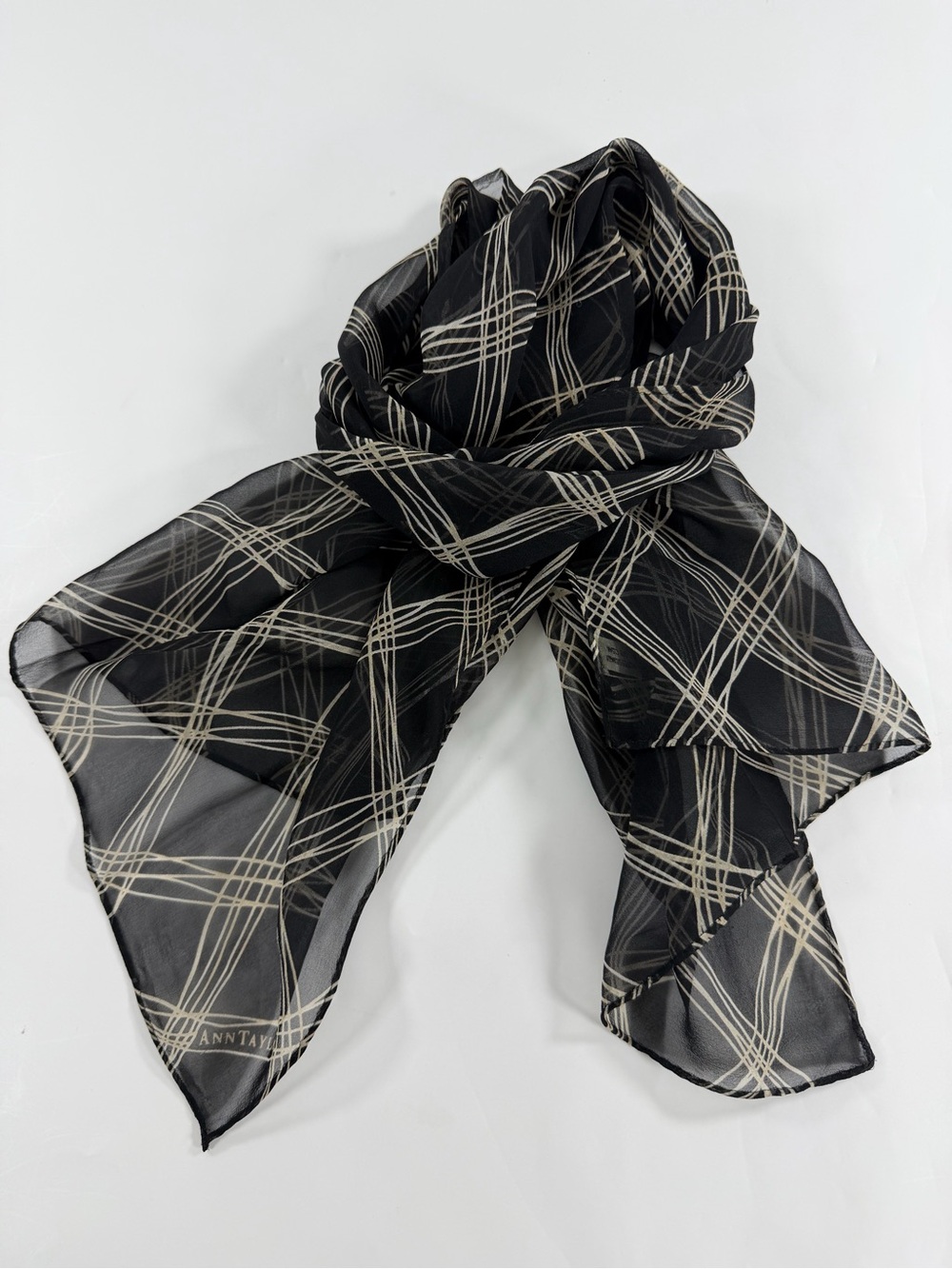 Ann Taylor 100% Silk Sheer Scarf Black Ivory Abstract Plaid 42x15 Made in Japan - Picture 1 of 8